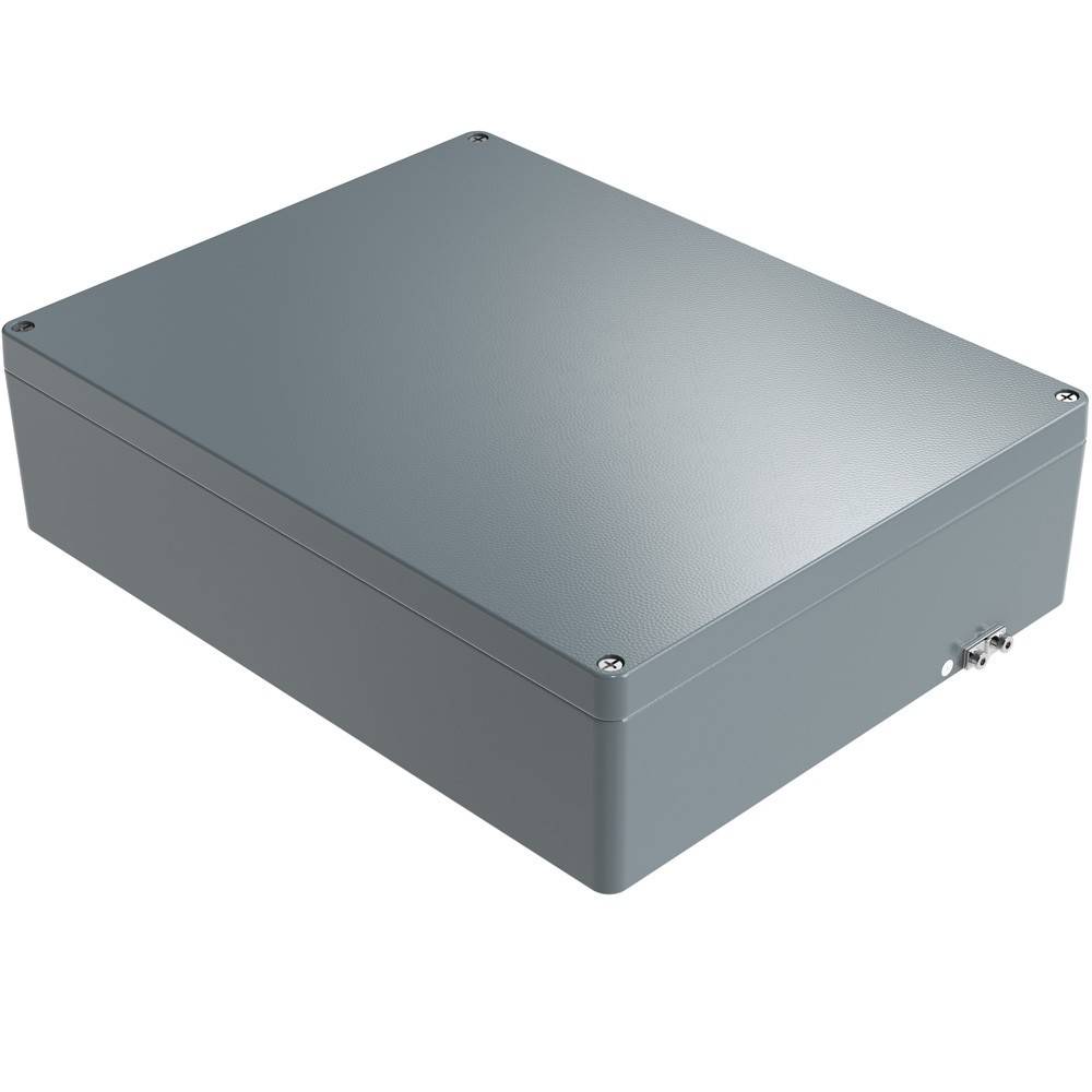 Ein grauer Metall-Elektroverteilungskasten mit einer Scharnierdeckel und sichtbaren Eckschrauben, entwickelt zur Unterbringung von elektrischen Komponenten.