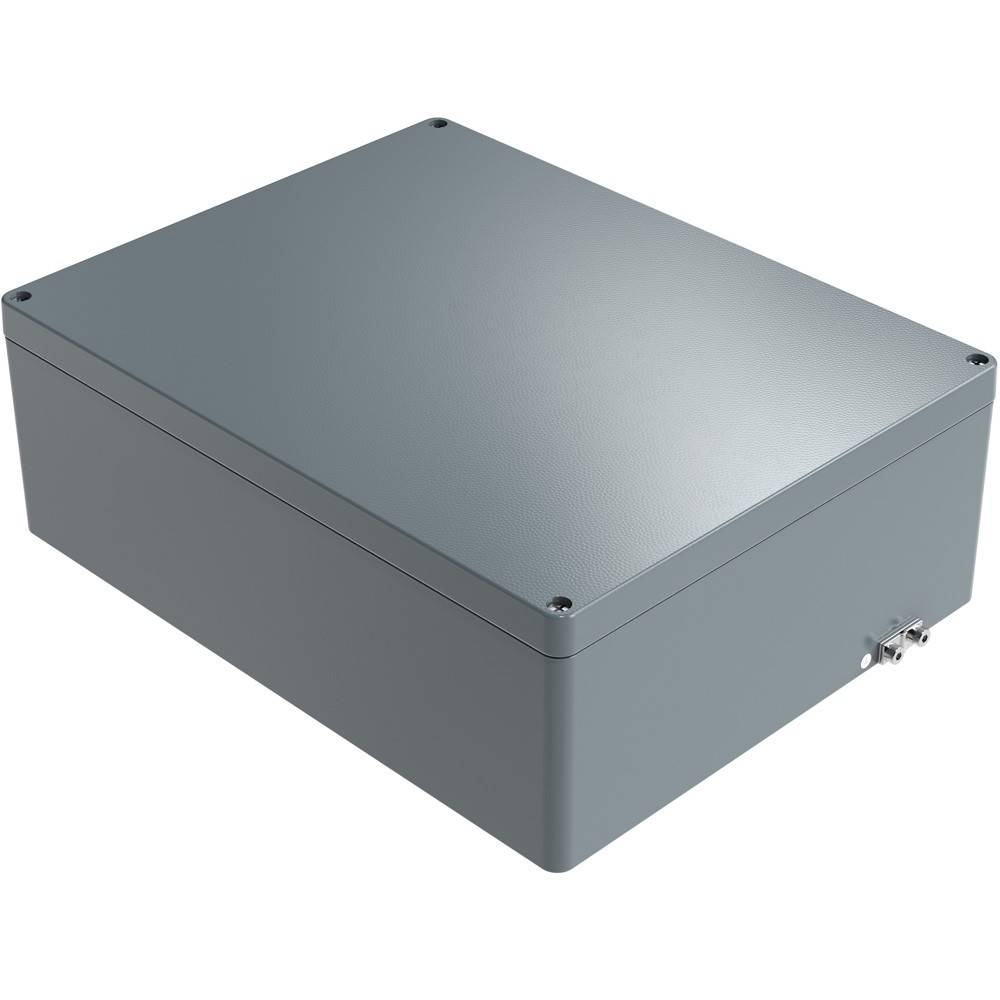 Eine rechteckige graue Metallbox mit einem Deckel mit Scharnier und einem Verschlussmechanismus an der Seite. Die Box wirkt robust und wetterfest.