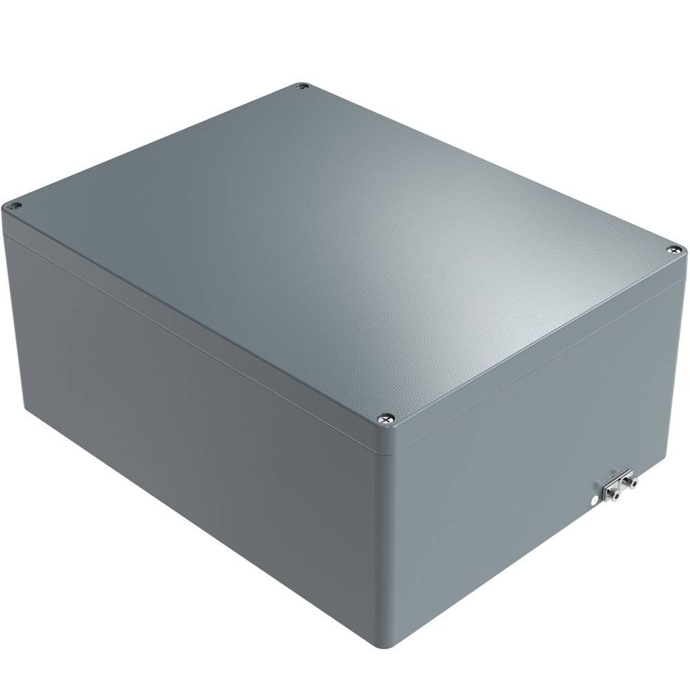 Eine graue Metallelektrogehäusebox mit einem Klappdeckel und gesicherten Verschlüssen, die typischerweise zum Schutz von elektrischen Komponenten verwendet wird.