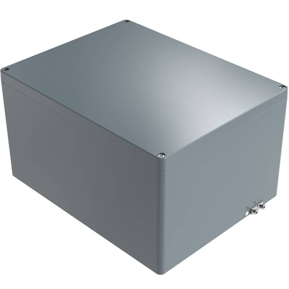 Ein grauer Metallschaltschrank mit einem sicheren Verschluss, konzipiert für die Unterbringung von Leitungen oder Komponenten, weist abgeschrägte Kanten und eine robuste Konstruktion auf.