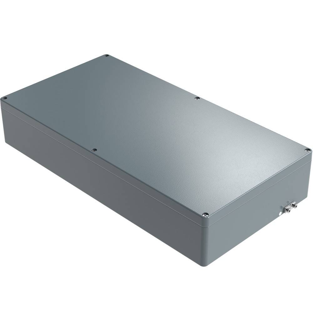 Eine rechteckige, metallene elektronische Gehäusebox mit glatter Oberfläche und einem kleinen Anschluss an ihrer Seite.