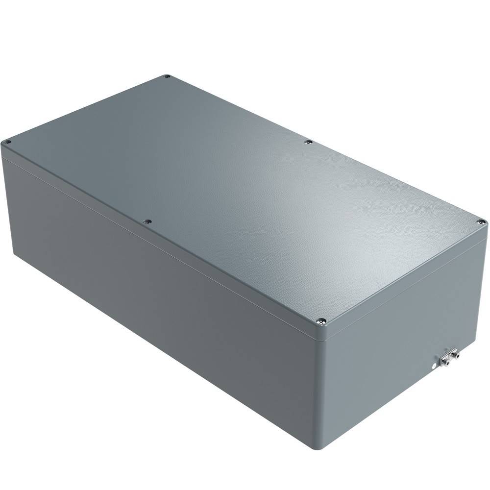 Eine graue rechteckige Metallbox, möglicherweise ein Gehäuse für eine elektrische Komponente, mit einem kleinen Vorsprung an einer Seite.