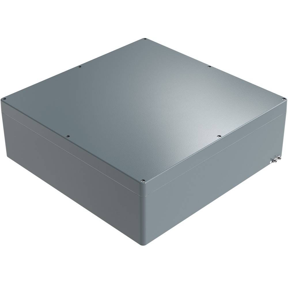 Eine quadratische, graue Metallgehäusebox mit glatter Oberfläche und abgerundeten Ecken, die für die Unterbringung von elektrischen Komponenten konzipiert ist.