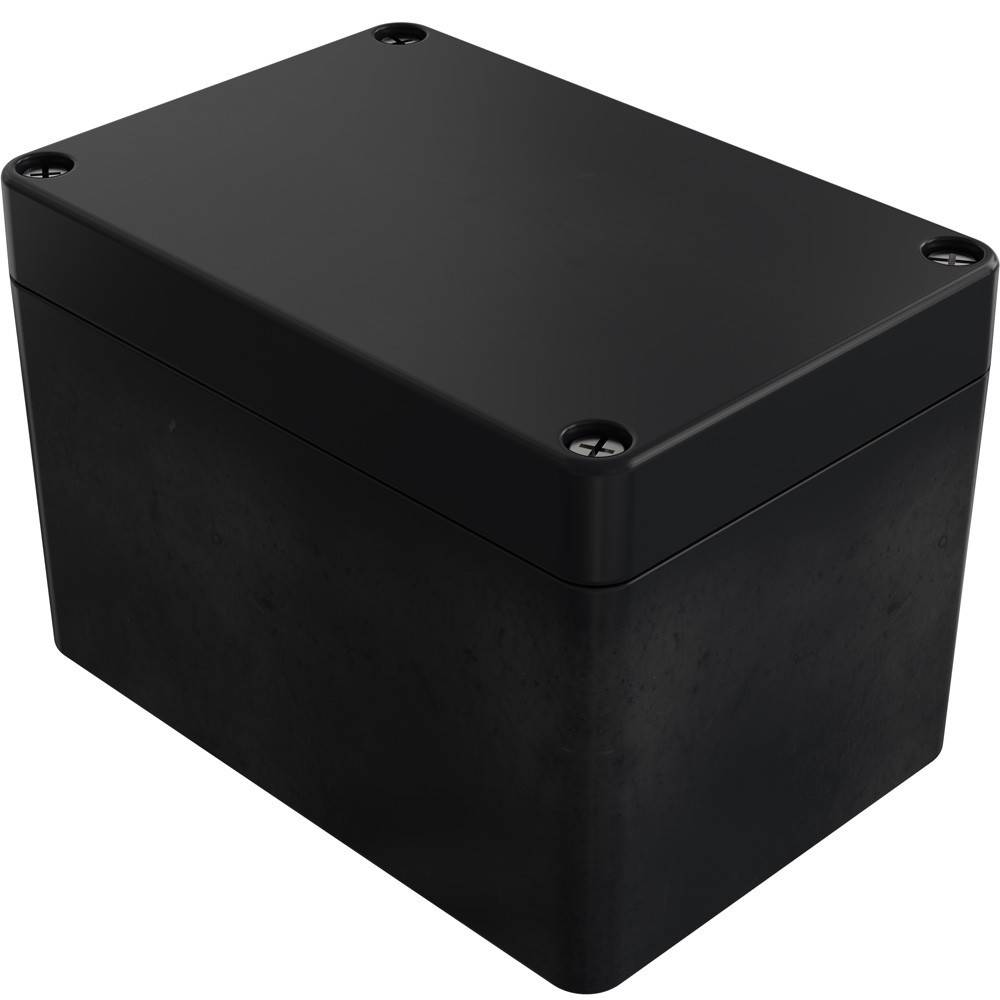 Eine schwarze rechteckige Metallbox mit glatter matter Oberfläche, die vier Schraubenöffnungen auf der Oberseite aufweist und wahrscheinlich zur elektronischen Speicherung oder zum Schutz verwendet wird.