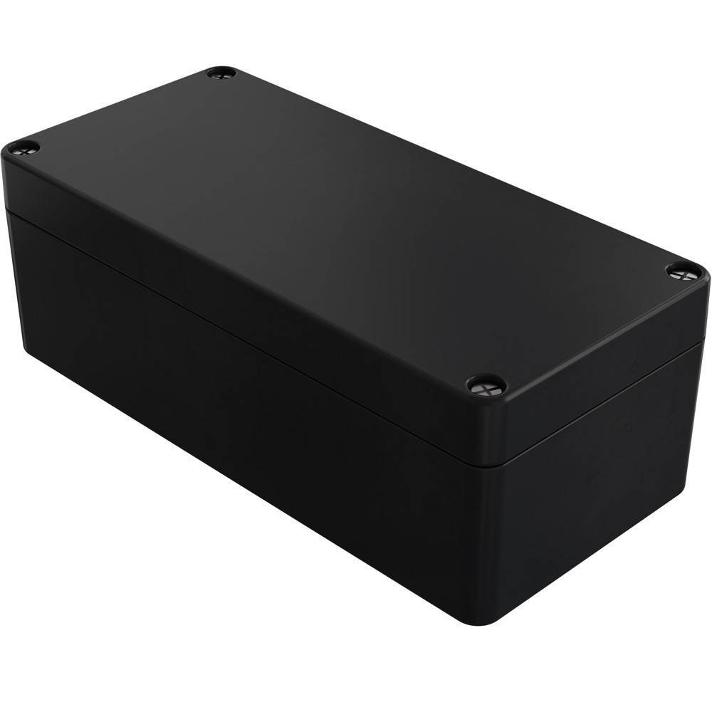 Eine schwarze rechteckige Kunststoff-Gehäusebox, typischerweise verwendet zur Unterbringung elektronischer Komponenten, mit abgerundeten Kanten und matter Oberfläche.