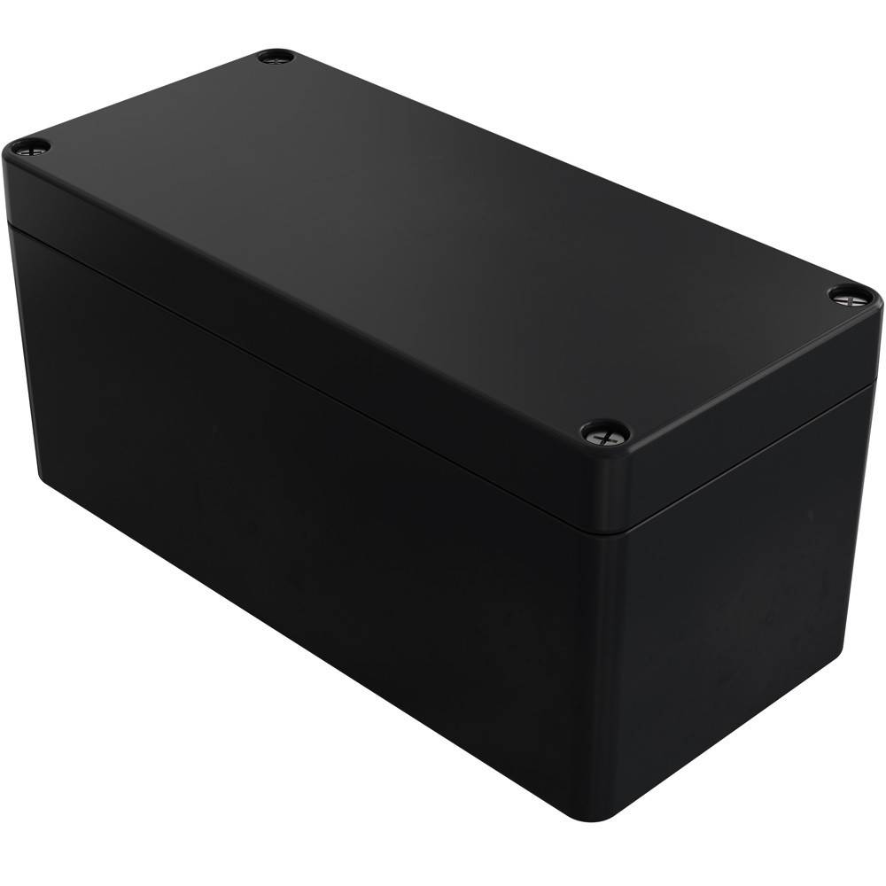 Eine schwarze rechteckige elektronische Gehäusebox mit abgerundeten Kanten und Schrauben an jeder Ecke, die zur Unterbringung elektrischer Komponenten verwendet wird.