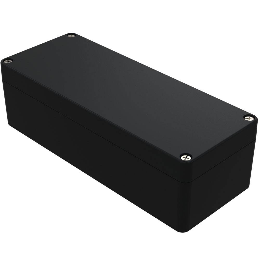 Eine schwarze, rechteckige elektronische Gehäuse mit glatter Oberfläche, die durch vier Schrauben an den Ecken befestigt ist.
