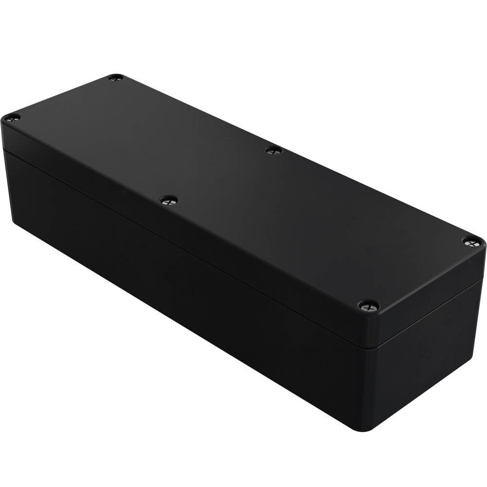 Eine schwarze rechteckige Box mit Schrauben an den Ecken, höchstwahrscheinlich ein Gehäuse für elektronische Komponenten.