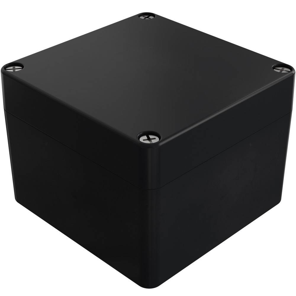 Eine schwarze quadratische elektrische Verteilerdose mit abgerundeten Ecken und vier Schrauben auf der Oberseite.