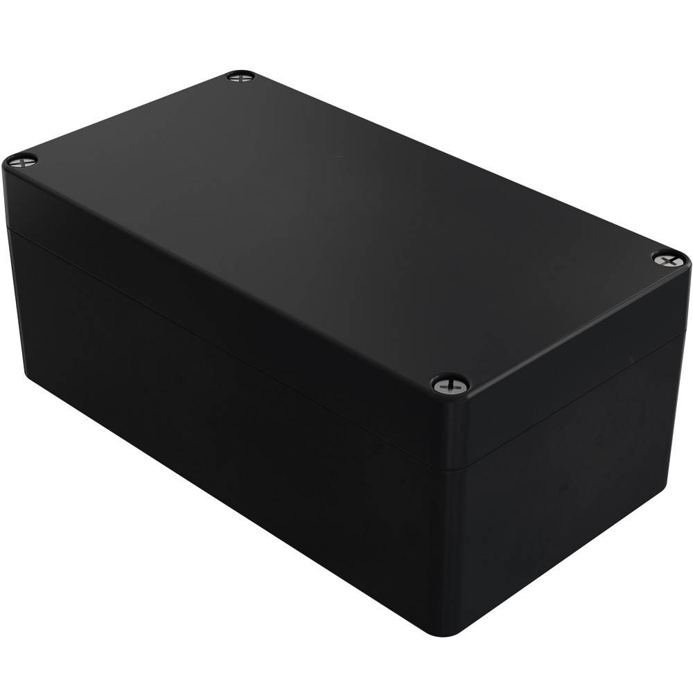 Eine schwarze rechteckige Kunststoffgehäusebox mit abgerundeten Ecken, verwendet zur Unterbringung elektronischer Komponenten, vor einem weißen Hintergrund.