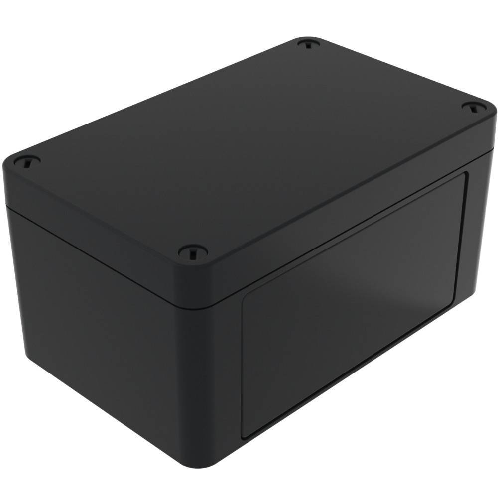 Eine schwarze rechteckige elektronische Projektbox mit abgerundeten Kanten und Schraublöchern an jeder Ecke, konzipiert zum Einschließen kleiner Leiterplatten.