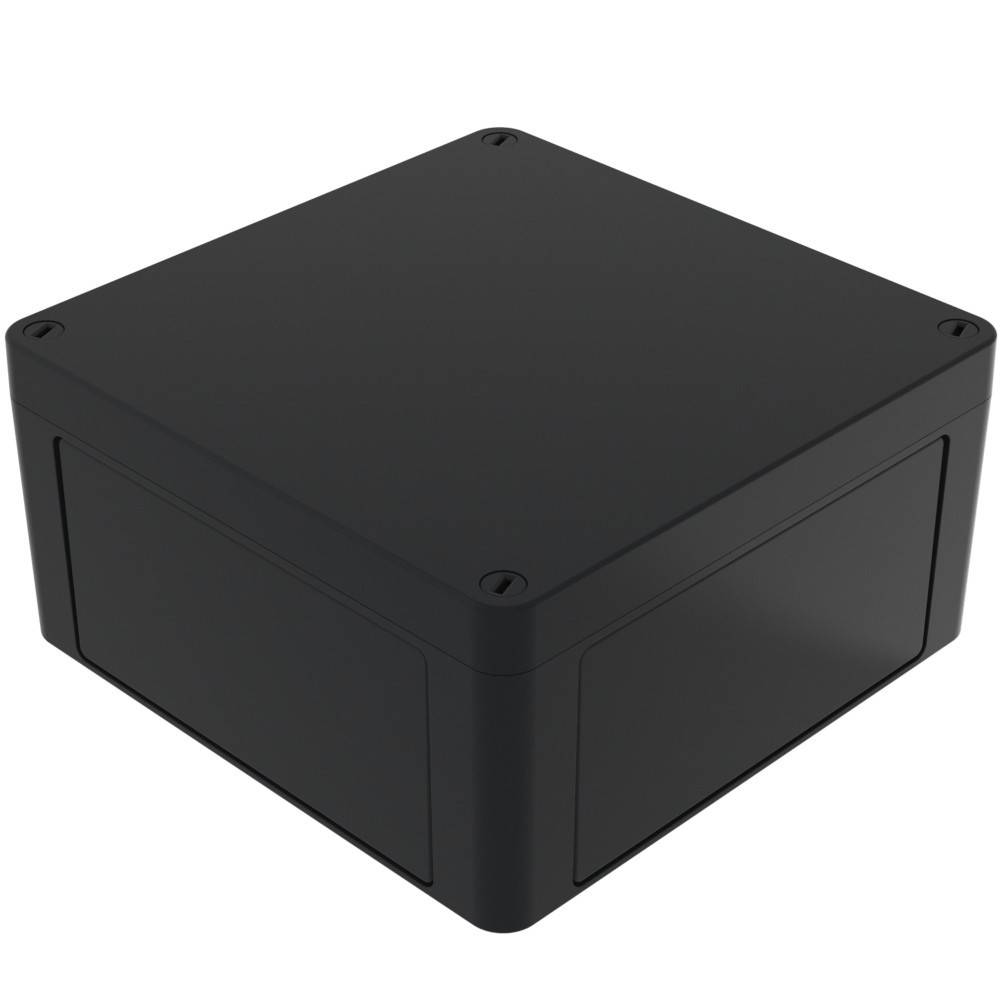 Ein schwarzes, quadratisches Kunststoffgehäuse mit abgerundeten Kanten und vier Befestigungslöchern, das typischerweise zur Unterbringung elektronischer Komponenten verwendet wird.