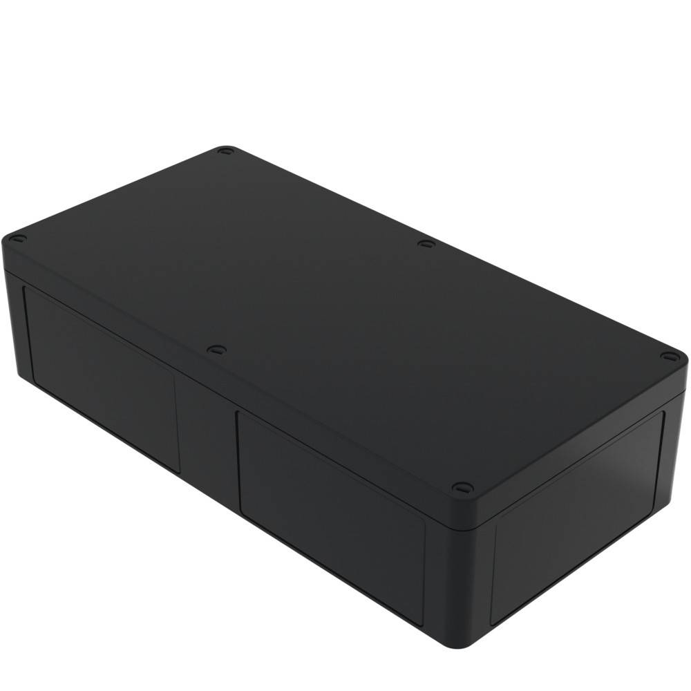 Ein schwarzes rechteckiges elektronisches Gehäuse mit glatter Oberfläche und abgerundeten Kanten, das mehrere kleine Schraublöcher zur Befestigung aufweist.