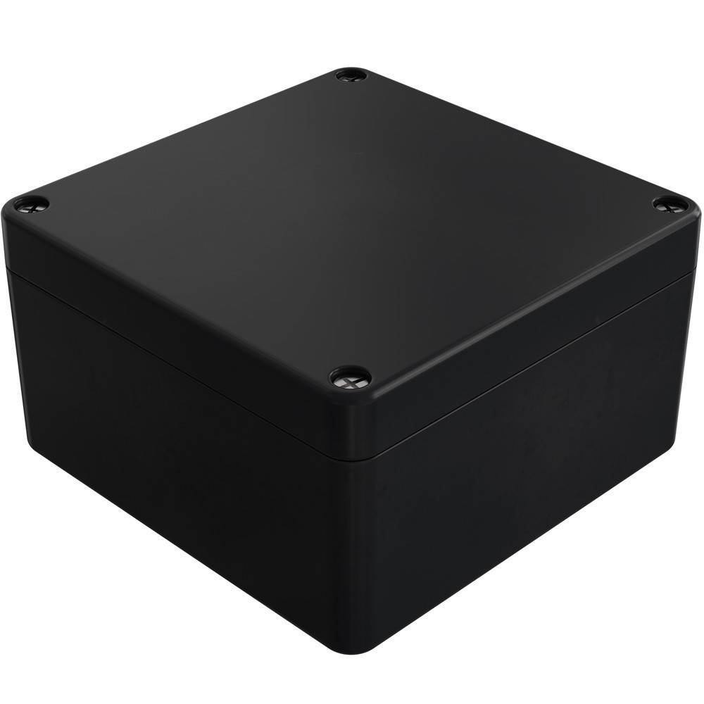 Ein schwarzes, quadratisches Kunststoffgehäuse mit abgerundeten Kanten und Schraubenbefestigungen an jeder Ecke, das zur Unterbringung von elektronischen Komponenten verwendet wird.
