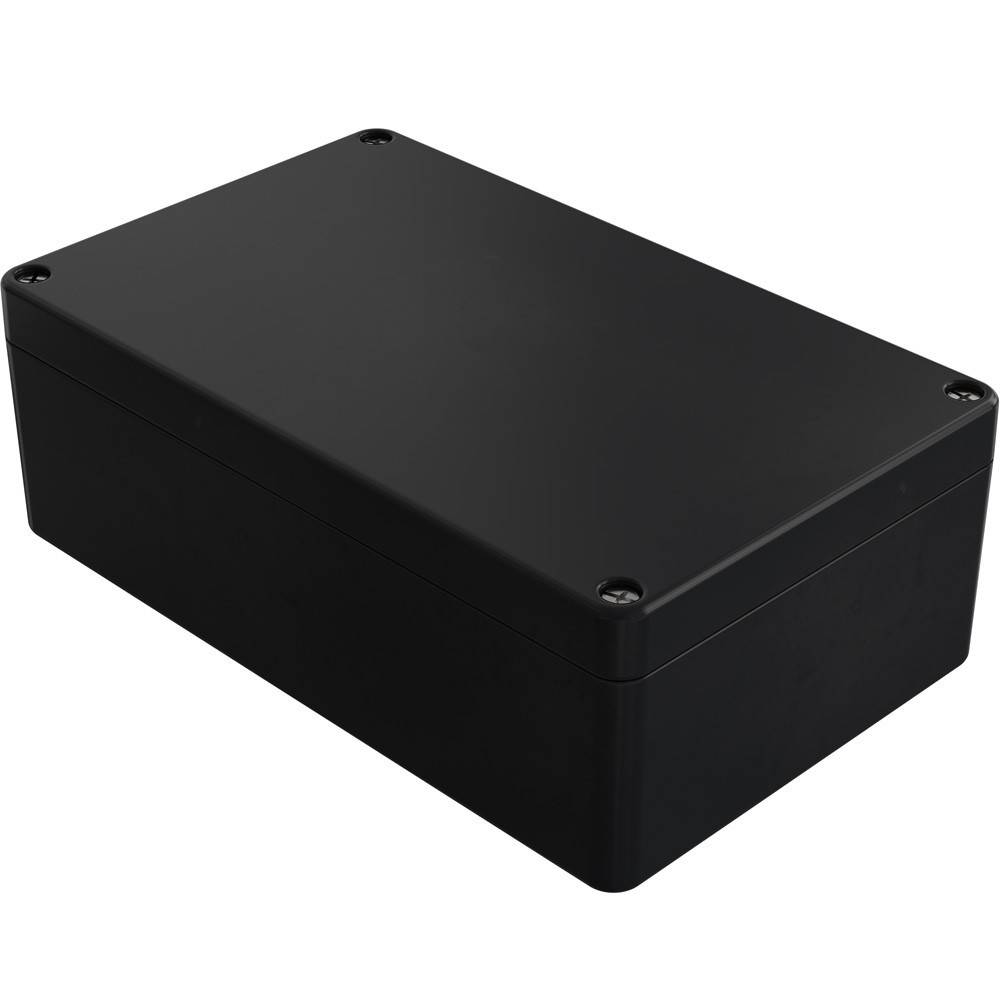 Eine schwarze rechteckige Elektronikgehäuse mit Schrauben an den Ecken, die zur Unterbringung und zum Schutz von elektronischen Komponenten verwendet wird.