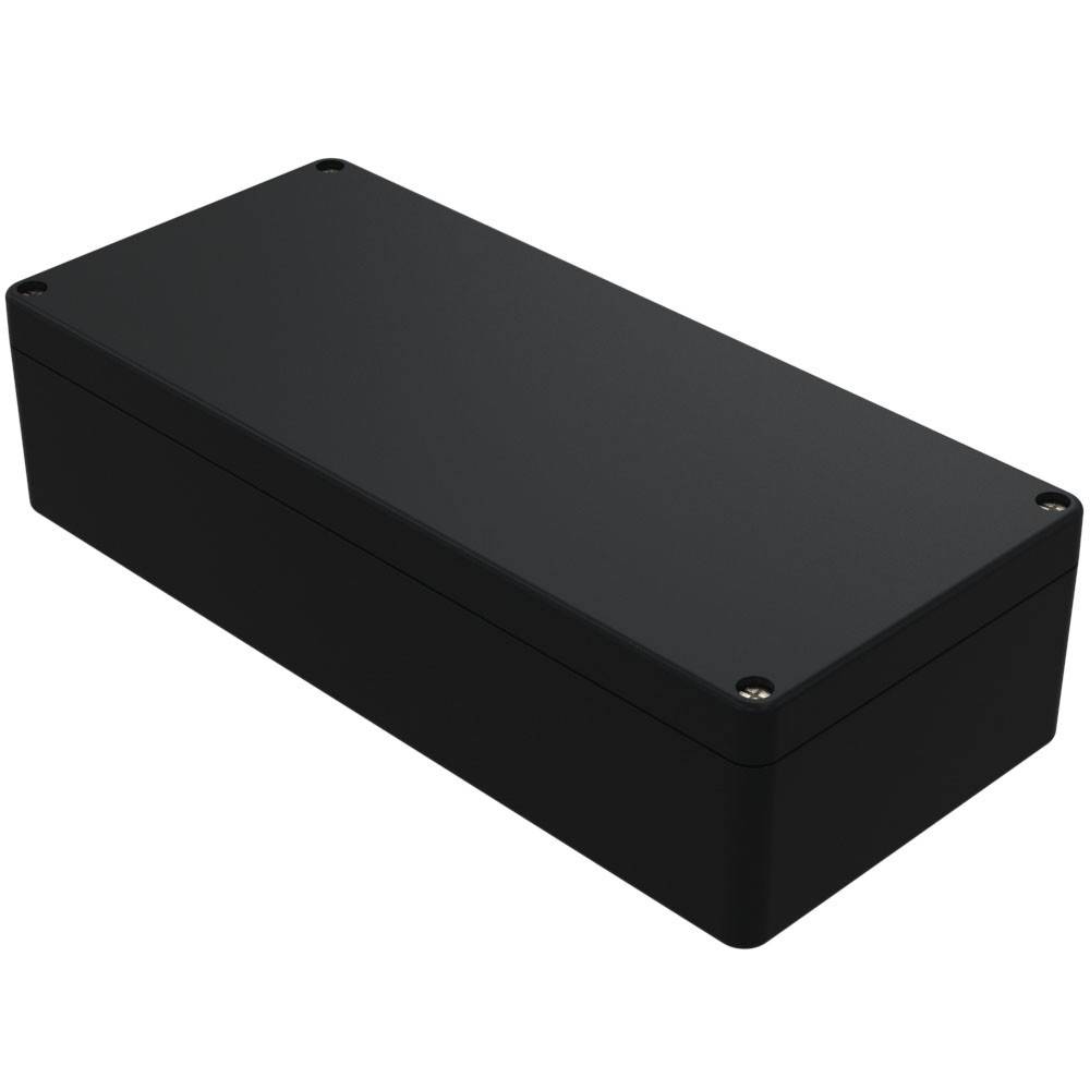 Eine rechteckige schwarze Kunststoffgehäuse mit abgerundeten Ecken und sichtbaren Schrauben an jeder Ecke.