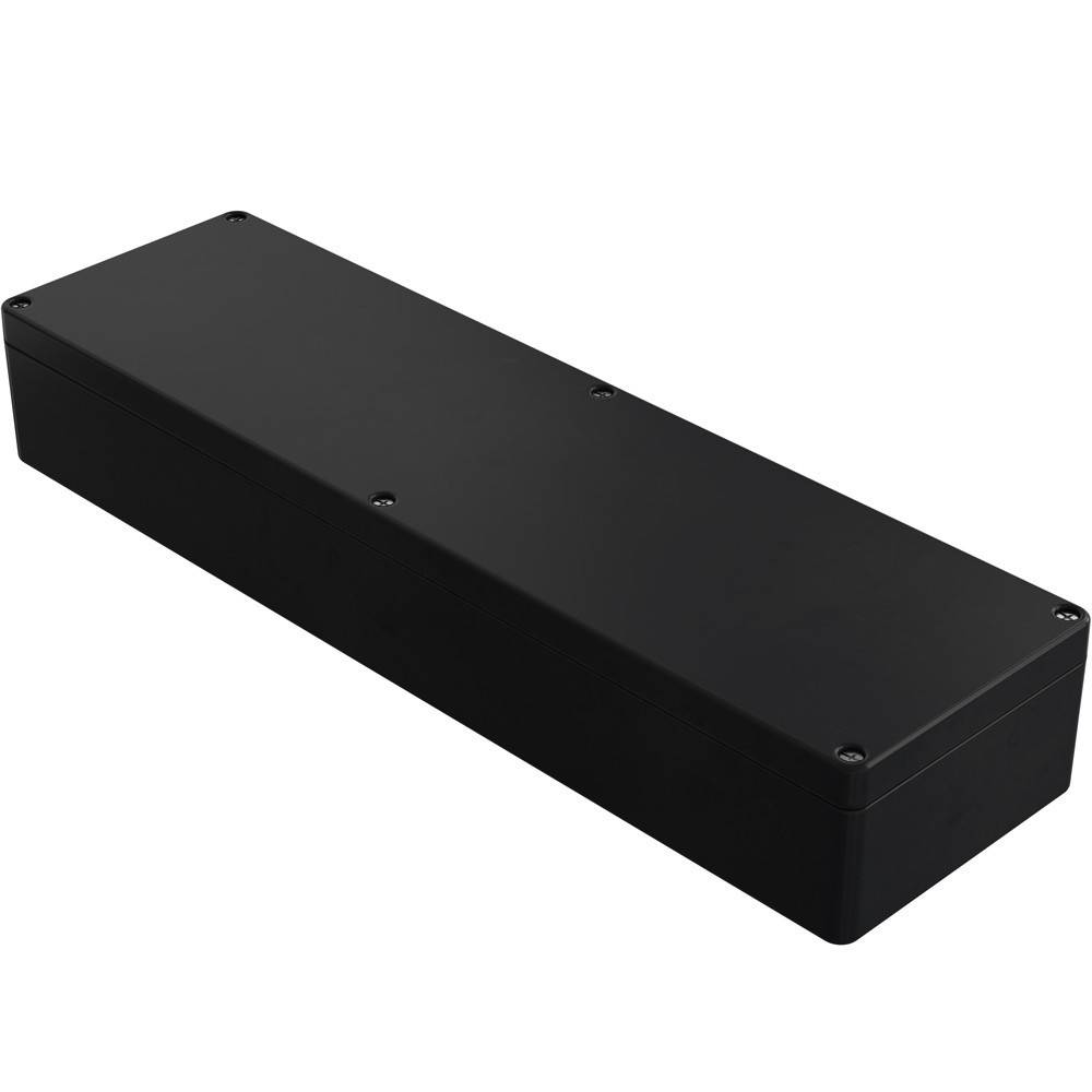 Eine rechteckige schwarze Box, möglicherweise ein versiegeltes elektronisches Gehäuse, mit glatter Oberfläche und abgerundeten Kanten.