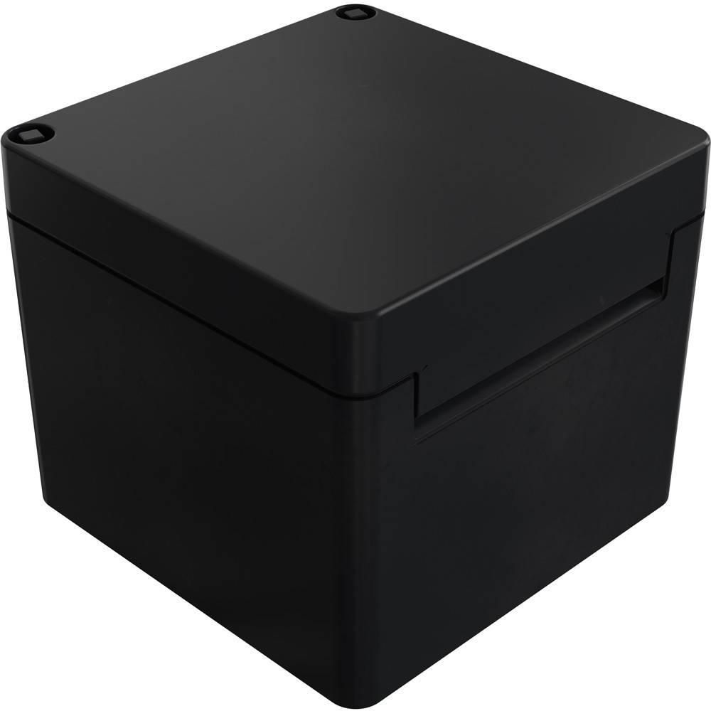 Eine schwarze, kubische Schachtel mit glatter Oberfläche und abgerundeten Kanten, von oben in einem Winkel betrachtet.