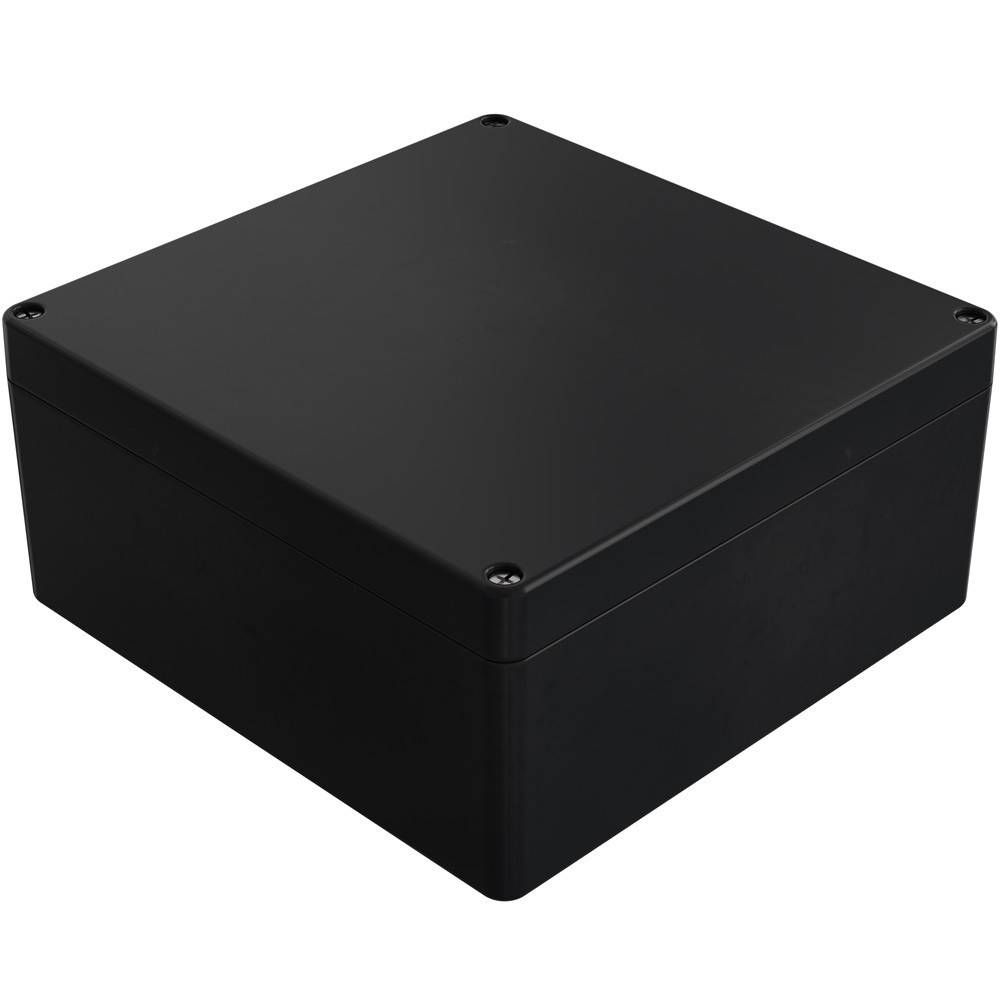 Eine schwarze Kunststoff-Projektbox mit abgerundeten Kanten und Schraubbefestigungen an jeder Ecke, die zur Unterbringung von elektronischen Komponenten verwendet wird.