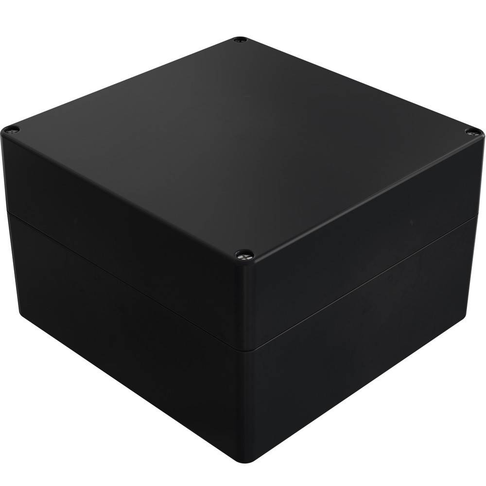 Ein schwarzes, quadratisches elektronisches Gehäuse mit glatten Kanten und matter Oberfläche, geeignet für die Unterbringung kleiner Komponenten oder Projekte.