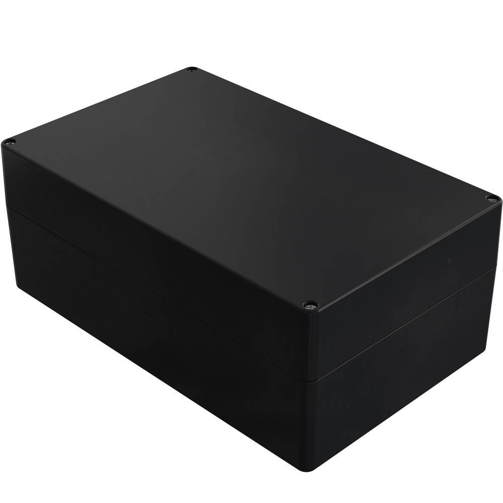 Ein schwarzes rechteckiges elektronisches Gehäuse mit glatter Oberfläche, leicht geneigt, um Tiefe und Größe zu zeigen. Keine sichtbaren Markenzeichen oder Markierungen.