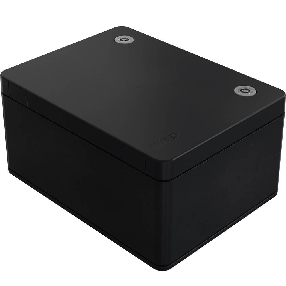 Eine schwarze rechteckige Box mit glatten Oberflächen und abgerundeten Ecken, die zwei kreisförmige Elemente auf der Oberseite aufweist.