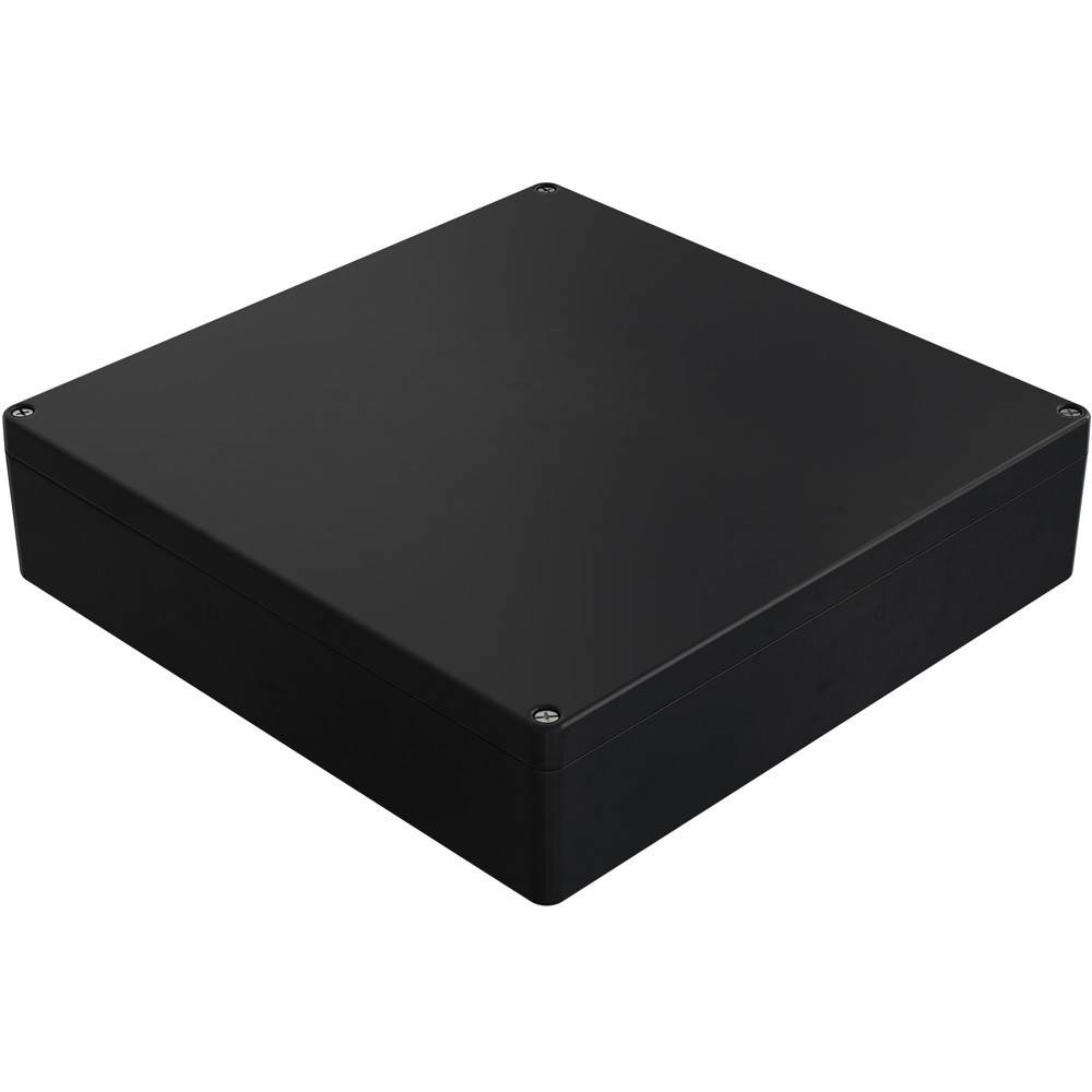 Eine schwarze, rechteckige elektronische Gehäusebox mit glatter Oberfläche und abgerundeten Kanten, die vier Schrauben an jeder Ecke auf der Oberseite aufweist.