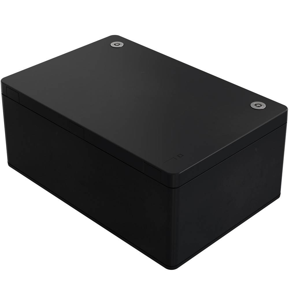 Ein schwarzer, rechteckiger USV mit minimalistischem Design, ausgestattet mit zwei sichtbaren kreisförmigen Tasten auf der Oberseite, entwickelt zur Stromversorgungssicherung.