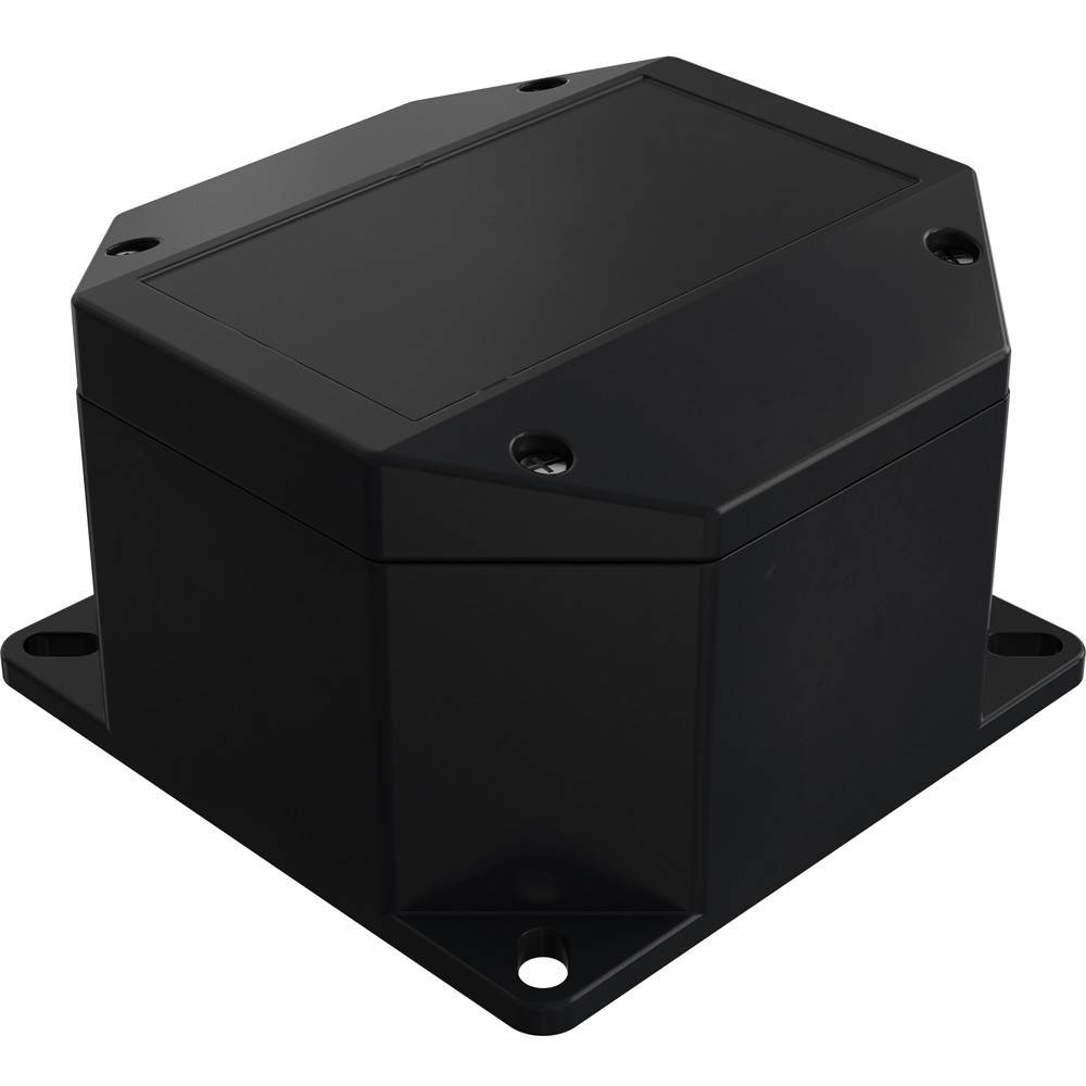Eine schwarze, sechseckige elektronische Gehäusebox mit abgerundeten Kanten, Montagelöchern und einem abnehmbaren Deckel, die zur Unterbringung elektronischer Komponenten verwendet wird.