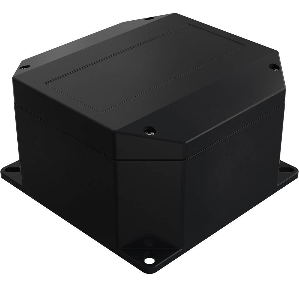 Ein schwarzes, rechteckiges Kunststoffgehäuse mit einem flachen Deckel und abgerundeten Kanten, das an den Ecken Schraublöcher zur Befestigung aufweist.
