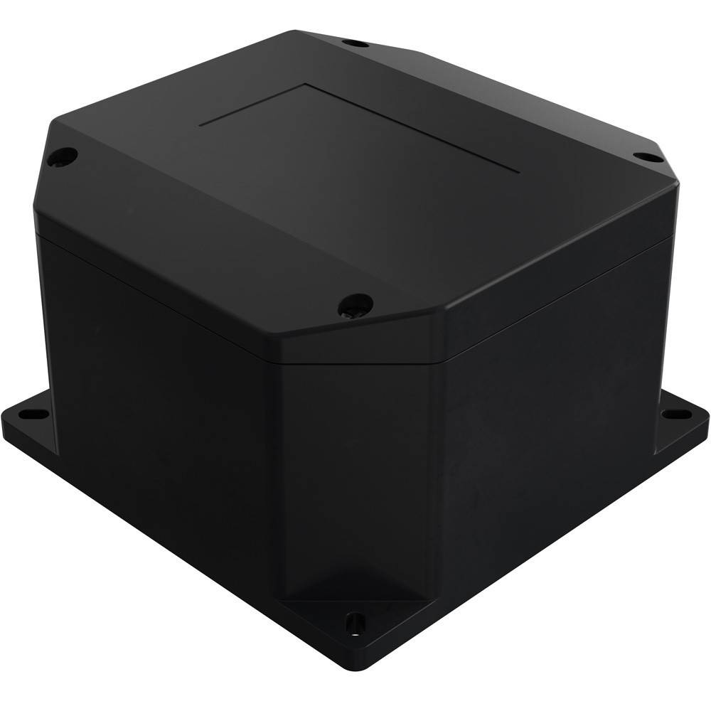 Eine schwarze, rechteckige elektrische Anschlussbox mit einer glatten, flachen Oberseite und vier Befestigungslöchern in den Ecken.
