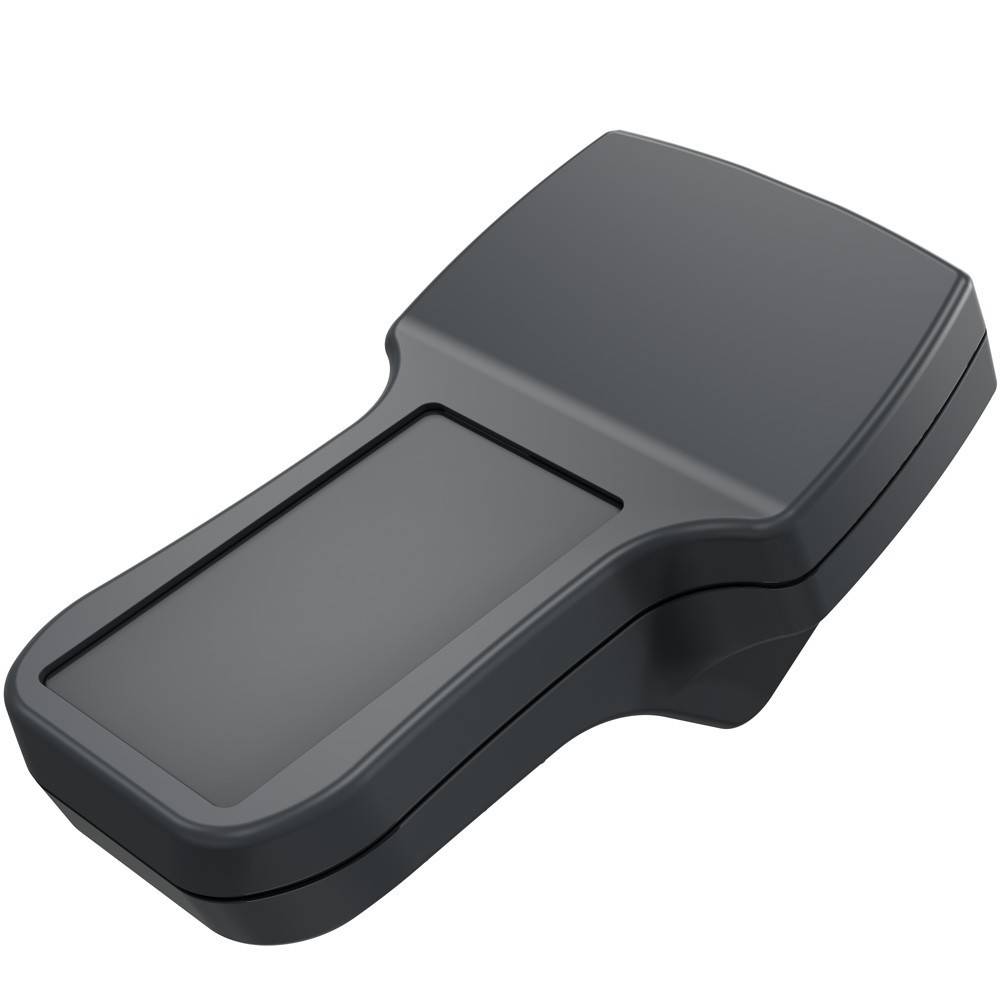 Ein schwarzes tragbares elektronisches Gerät mit einem rechteckigen Bildschirm und ergonomischem, gebogenem Design, möglicherweise zum Scannen oder zur Dateneingabe verwendet.