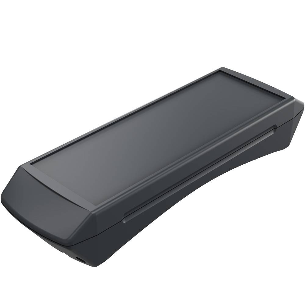 Ein schlankes, schwarzes elektronisches Gerät mit einem rechteckigen Bildschirm, möglicherweise eine Fernbedienung oder ein Tablet, wird vor einem weißen Hintergrund gezeigt.