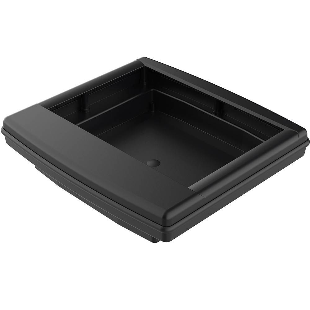 Ein schwarzes, rechteckiges Tablett mit erhöhten Kanten, das zum Aufbewahren oder Organisieren von kleinen Gegenständen entwickelt wurde.