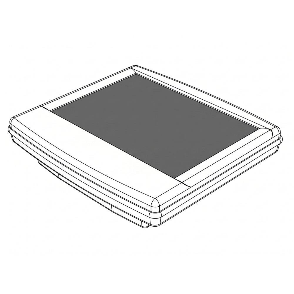 Strichzeichnung eines geschlossenen rechteckigen Muschelschalen-Geräts mit abgerundeten Ecken und einem dunklen zentralen Panel, in Perspektive dargestellt.