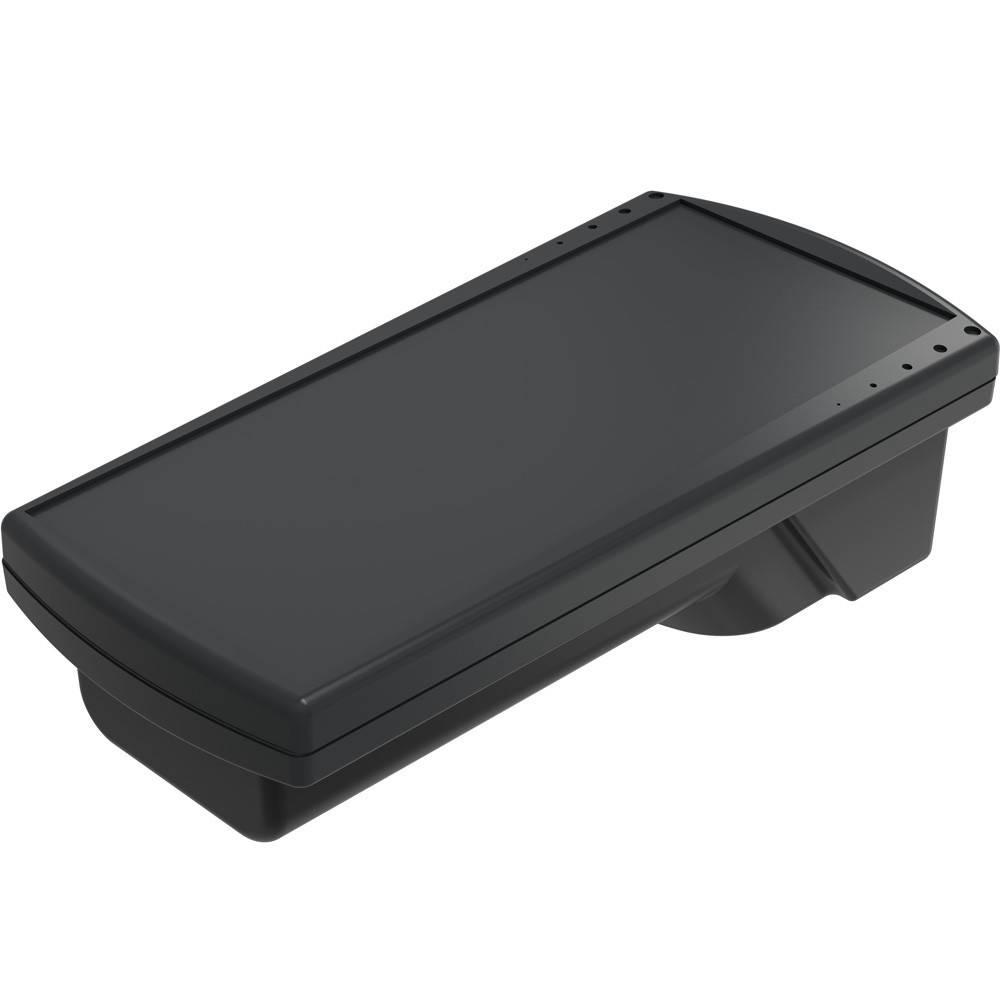 Eine schwarze rechteckige Aufbewahrungsbox mit fest angebrachtem Deckel, konzipiert für allgemeine Lagerzwecke und mit einem schlichten, modernen Design.