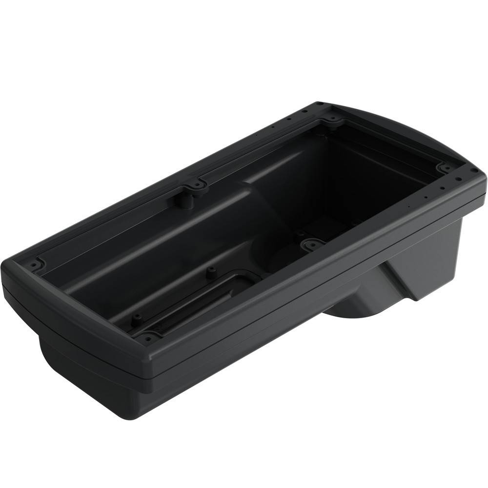 Ein schwarzer Kunststoff-Rechteckbehälter mit einer vertieften Abteilung und Befestigungslöchern, konzipiert für industrielle oder strukturelle Anwendungen.