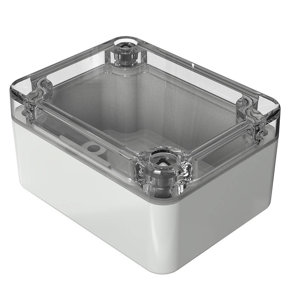 Rechteckiges Kunststoffgehäuse mit transparentem Deckel und weißer Basis, das Schraubenlöcher an den oberen Ecken aufweist und für die Unterbringung von elektronischen Bauteilen entwickelt wurde.