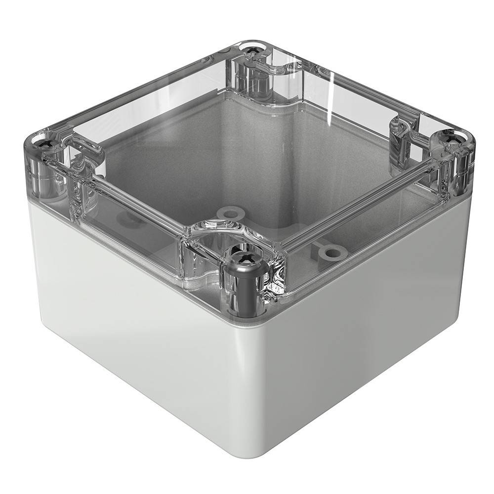 Ein durchsichtiges Plastikgehäuse mit einer grauen Basis, entwickelt zur Unterbringung elektronischer Komponenten.