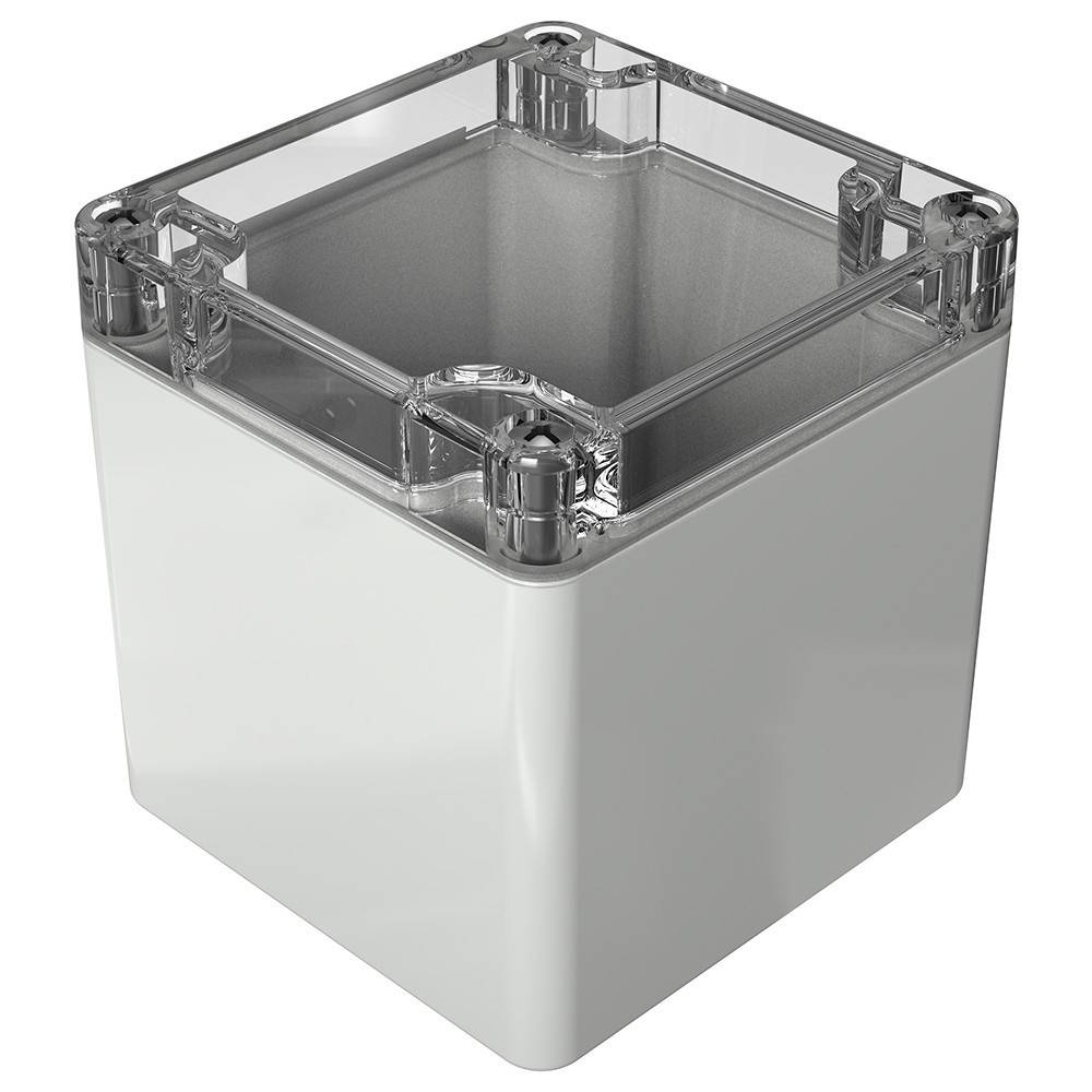 Ein weißer, quadratischer Kunststoffbehälter mit einem transparenten Deckel, von einer schrägen Perspektive aus dargestellt.