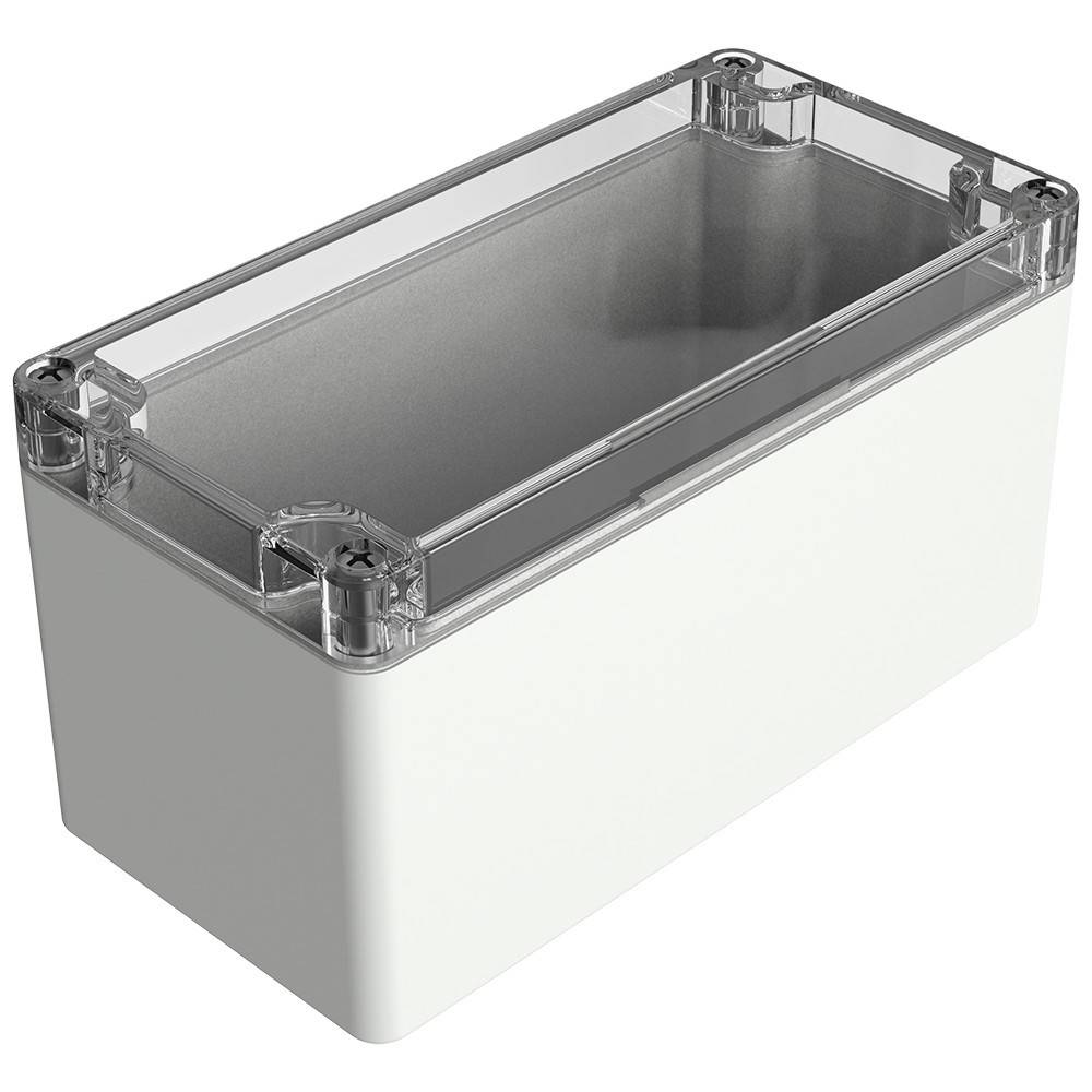 Eine rechteckige, weiße Kunststoffgehäuse mit einem transparenten Deckel, leicht geöffnet, der ein leeres Inneres offenbart.