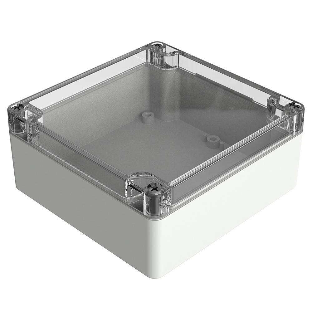 Eine kleine, transparente Kunststoff-Elektroverteilerdose mit weißer Basis, konzipiert zum Schutz elektrischer Verbindungen.