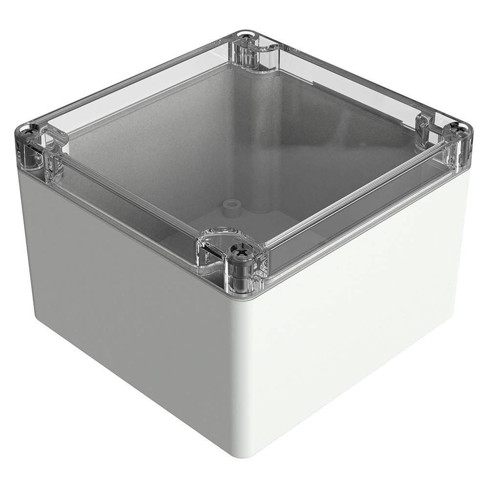 Eine kleine, weiße quadratische elektronische Gehäuse mit einem transparenten Deckel, entwickelt zum Schutz von Komponenten und gleichzeitiger Sichtbarkeit des Innenraums.