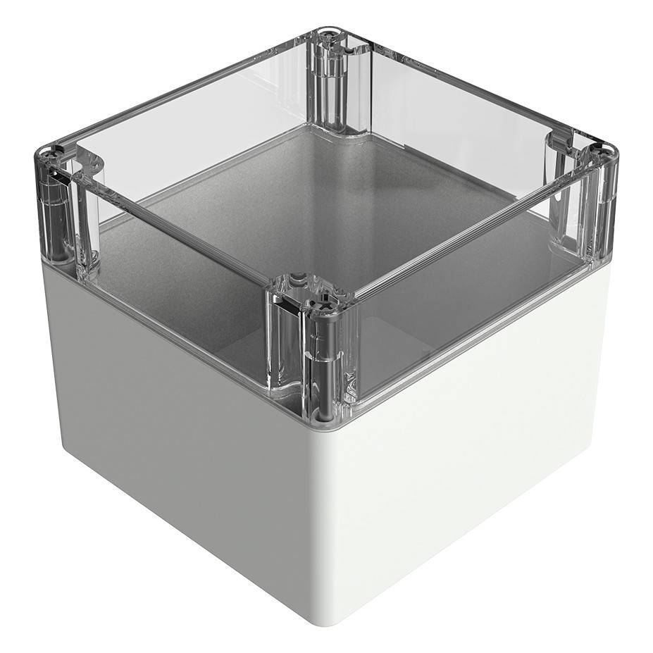 Ein weißes quadratisches elektrisches Gehäuse mit einem transparenten Deckel, entwickelt zum Schutz von elektronischen Komponenten.