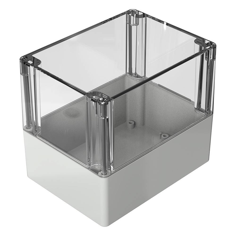 Eine transparente Kunststoffgehäusebox mit weißer Grundfläche, die zur Schutz von elektronischen Komponenten dient; sie verfügt über durchsichtige Seitenwände für optimale Sichtbarkeit.