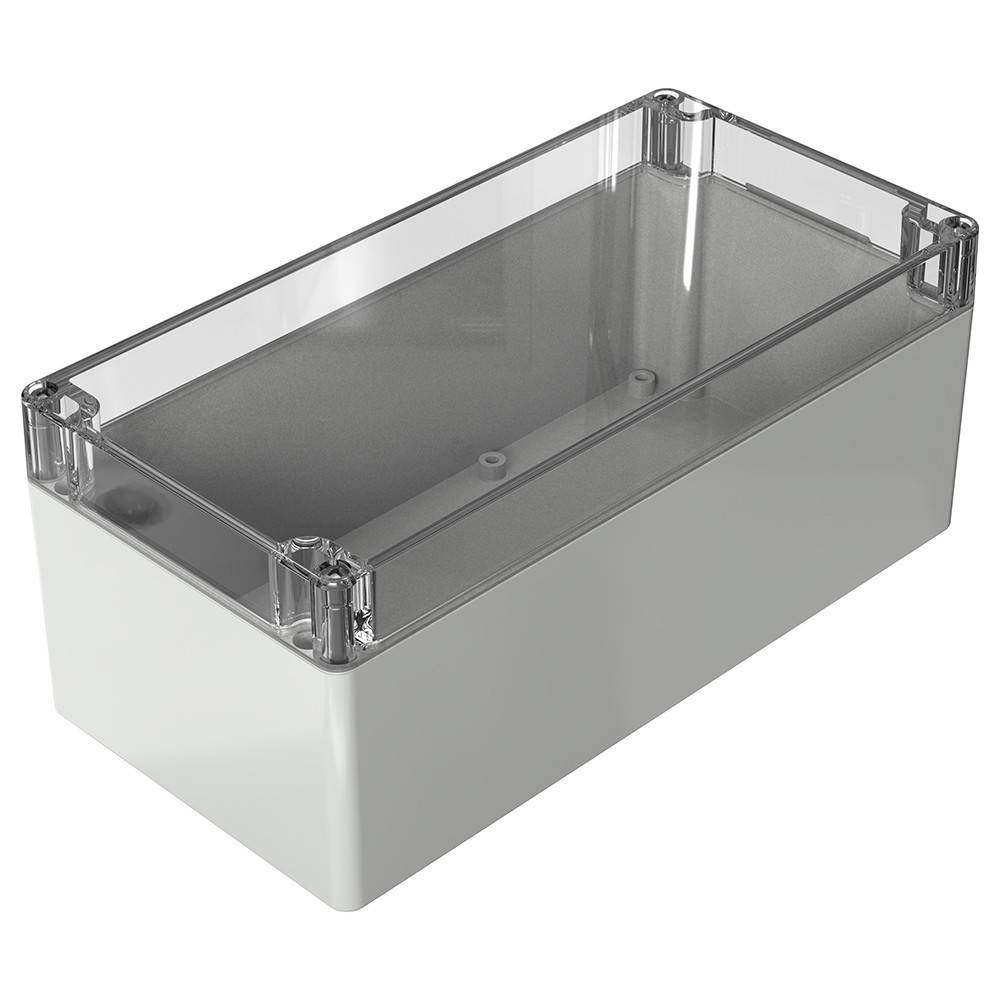 Rechteckige, transparente Kunststoffgehäusebox mit Deckel, leer, zur Unterbringung elektronischer Bauteile verwendet.