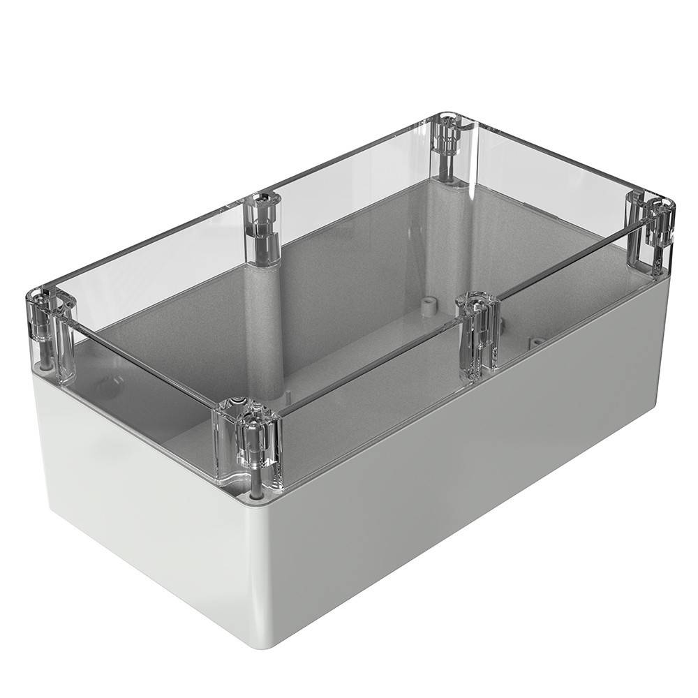 Ein rechteckiges, durchsichtiges Kunststoffgehäuse mit Deckel, typischerweise für den Schutz von elektronischen Bauteilen verwendet, mit vier Befestigungsschrauben in den Ecken für eine sichere Verschließung.