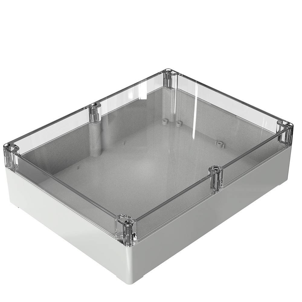 Eine transparente Kunststoffgehäuse mit einem durchsichtigen Deckel und einer grauen Grundfläche, die an jeder Ecke Metallschrauben zur Aufnahme von elektronischen Bauteilen aufweist.
