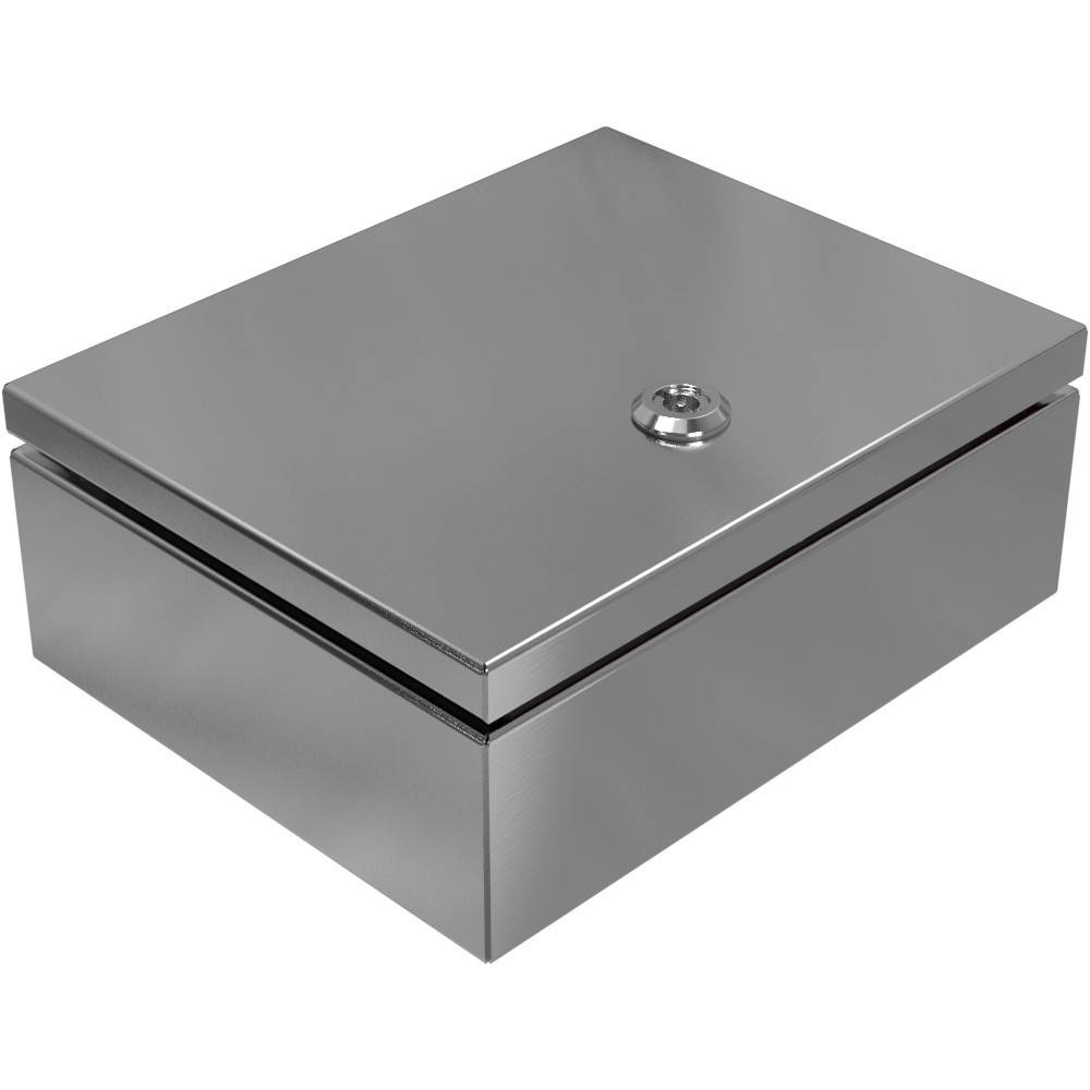 Eine geschlossene, metallische Box mit einem kreisförmigen Schloss auf der Oberseite.