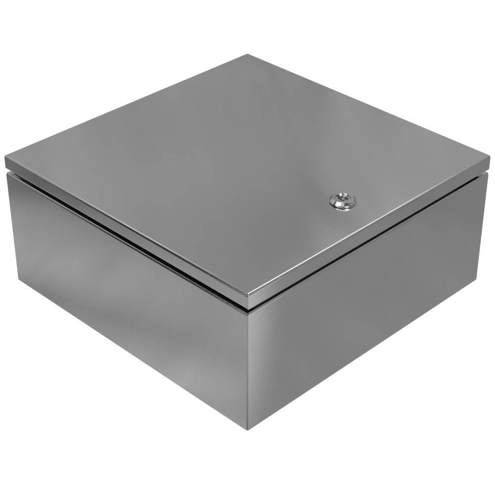 Eine graue Metallschließbox mit glänzender Oberfläche und einem kleinen Schlüsselloch in der Mitte, die zur sicheren Aufbewahrung verwendet wird.